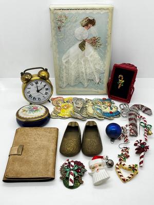 LOT 82: Eclectic Mix of Unique Items and Pretty Floral Box: Mini Vintage Alarm Clock, Holiday Pins and More!