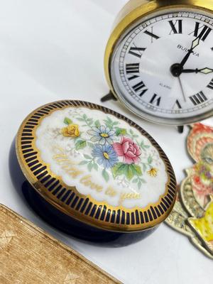 LOT 82: Eclectic Mix of Unique Items and Pretty Floral Box: Mini Vintage Alarm Clock, Holiday Pins and More!