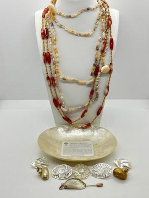 LOT 107: Unique Jewelry Collection Including Several Shell Art Pieces and Shell Art Tray