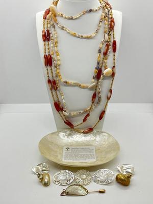 LOT 107: Unique Jewelry Collection Including Several Shell Art Pieces and Shell Art Tray