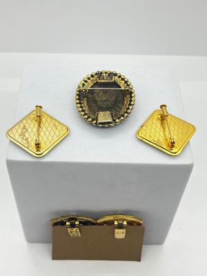 LOT 131: Two Damascene Square Brooches/Pins With Trombone Clasps, Cameo Brooch/Pin, and "Blue He" Shoe Clips