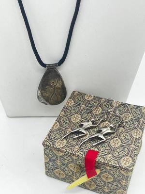 LOT 132: 925 Crawling Humans Sculptural Pierced Earrings and Sterling Pendant on 22" Cord In Unique Box