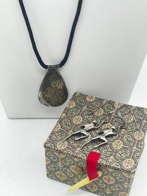 LOT 132: 925 Crawling Humans Sculptural Pierced Earrings and Sterling Pendant on 22" Cord In Unique Box