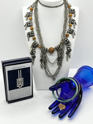 LOT 141: Vintage Yemini Tribal Necklace, Silvertone Twisted Necklace, Cloisonne and Glass Bangles and More!