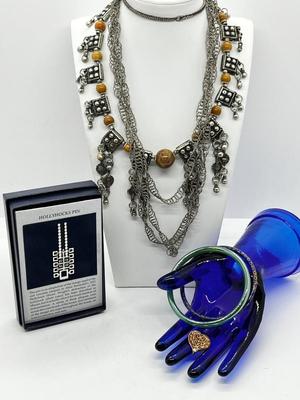 LOT 141: Vintage Yemini Tribal Necklace, Silvertone Twisted Necklace, Cloisonne and Glass Bangles and More!