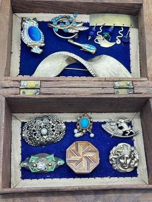 LOT 145: Artisan Brooch/Pin Collection With Unique Carved Wooden Box