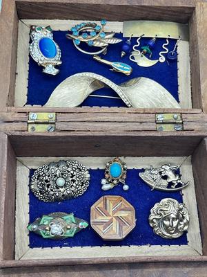 LOT 145: Artisan Brooch/Pin Collection With Unique Carved Wooden Box