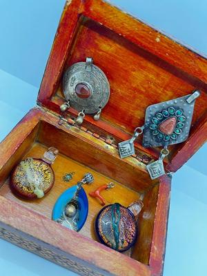 LOT 146: Three Art Glass Pendants, Tiny Jade Pendant, Branch Coral Pendant, Cinnabar Round Pendant and More!