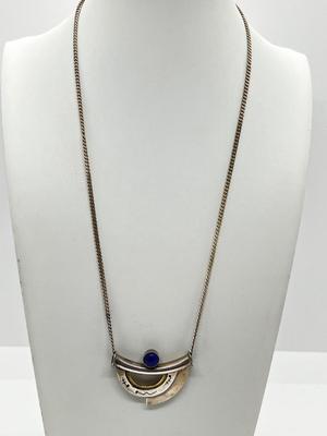 LOT 153: Mid-Century Artisan Modernist Geometric Brooch w/ Lapis Lazuli on 20" Sterling Silver Chain - 925 Italy - 14.9 GTW
