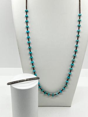 LOT 155: Signed Native American Sterling Silver Cuff Bracelet and 19" Turquoise Nugget Heishi Bead Necklace