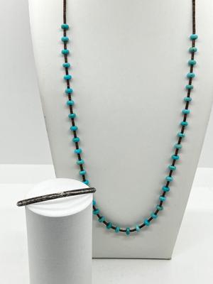 LOT 155: Signed Native American Sterling Silver Cuff Bracelet and 19" Turquoise Nugget Heishi Bead Necklace
