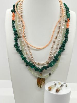 LOT 164: Freshwater Pearl & Quarts 17" Necklace and Matching Earrings, Malachite and Coral 19" Necklace and JAde Bead...