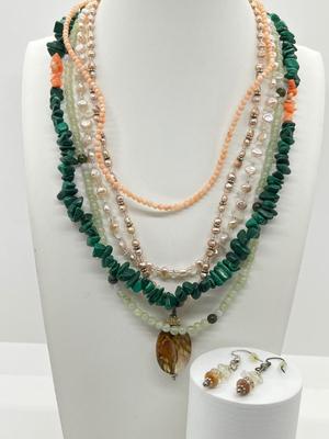 LOT 164: Freshwater Pearl & Quarts 17" Necklace and Matching Earrings, Malachite and Coral 19" Necklace and JAde Bead...