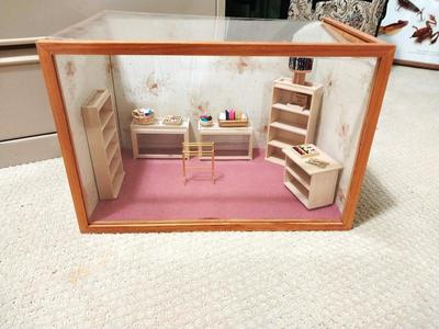 GLASS DISPLAY CASE WITH FURNITURE AND ACCESORIES