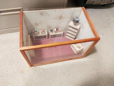 GLASS DISPLAY CASE WITH FURNITURE AND ACCESORIES