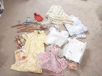 VINTAGE CHILD OUTFITS-HOT WATER BOTTLE-WOODEN CHILD HANGERS AND MORE