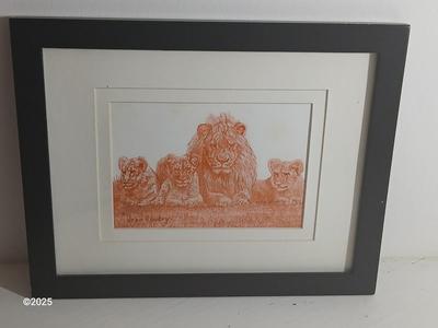 Joan Handry Lion with cubs' original artwork with frame