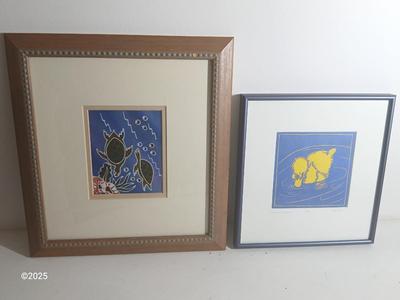 Wall art - Signed and numbered "Peepers in the pool" Rita Troller framed duckling artwork - Two turtles underwater framed batik...