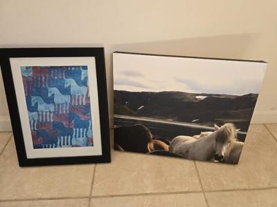 Framed M.C. ESCHER Symmetry drawing E-8 Horses 1988 Blue Interlocking Horses. and Horses in Iceland on canvas