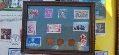 Collection of 9 framed Collectible stamps and coins in vintage frames