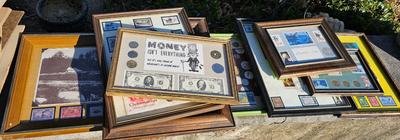 Collection of 9 framed Collectible stamps and coins in vintage frames