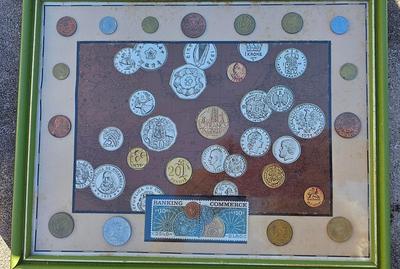Collection of 9 framed Collectible stamps and coins in vintage frames