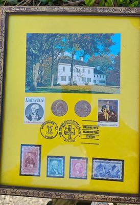 Collection of 9 framed Collectible stamps and coins in vintage frames