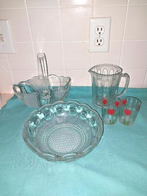 VINTAGE GLASS JUICE GLASSES-GLASS BASKET-GLASS SERVING BOWL AND MORE