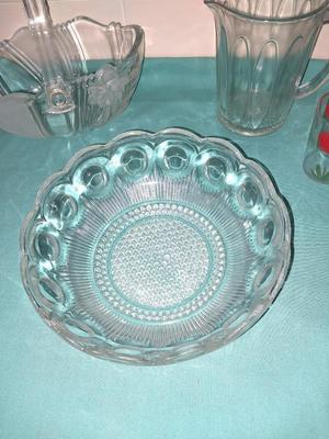 VINTAGE GLASS JUICE GLASSES-GLASS BASKET-GLASS SERVING BOWL AND MORE