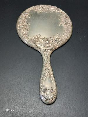 Antique, early 20th century Gorham STERLING SILVER 26 art Nouveau rose repoussé Hand Mirror