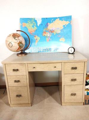 VINTAGE DESK WITH GLOBE AND MAP