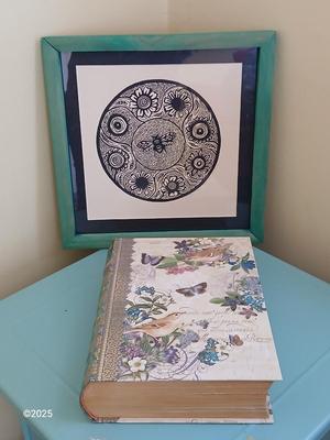 Framed Wall art original signed & numbered "Bee Mandala Nicola Barsaleau... 5/150 with faux book / storage box of batteries