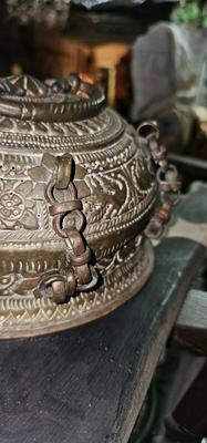 Antique Brass Betel Nut Pandan Censer Box with lid, handle, chain hinge India
