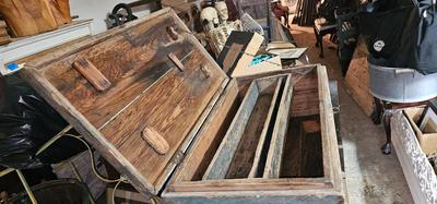 Antique Wood Carpenters Tool Chest Beautiful Faded Paint Tin on Top