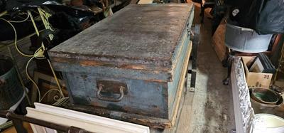 Antique Wood Carpenters Tool Chest Beautiful Faded Paint Tin on Top