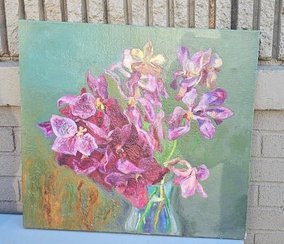 Painting of flowers, pinks and green