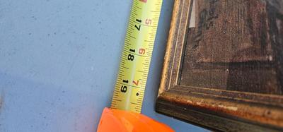 Painting of Barrel, wheel and other items in a junk heap, framed, signed