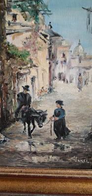 Painting of street with Donkey and two people Signed C Inkel '93