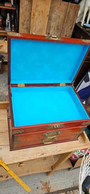 Asian Jewelry Box Lined in Bright Turquoise Silk 1970s Chinoiserie Hollywood Regency