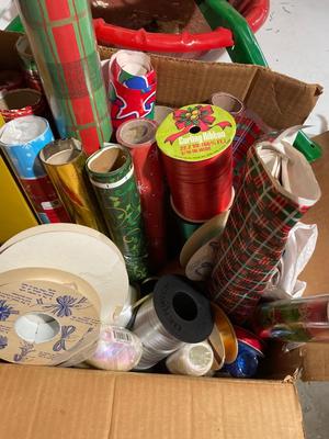 Christmas wrap, ribbon, and vintage tree stand