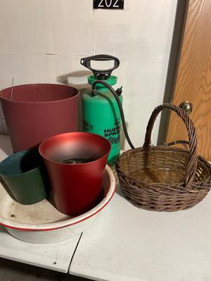 Planter pots, enamel wash basin, Hudson sprayer