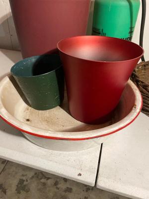 Planter pots, enamel wash basin, Hudson sprayer