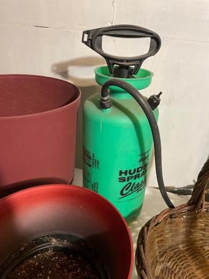 Planter pots, enamel wash basin, Hudson sprayer