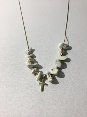 Stone rock type beaded cross charm gold tone marked designer necklace