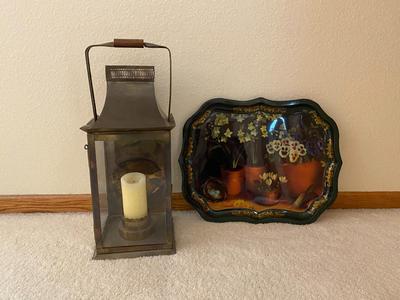IAN LOGAN METAL TRAY PAINTED BY LUCY NEIL UK AND A LARGE CANDLE LANTERN