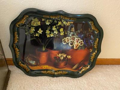 IAN LOGAN METAL TRAY PAINTED BY LUCY NEIL UK AND A LARGE CANDLE LANTERN