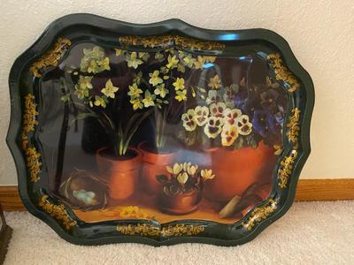 IAN LOGAN METAL TRAY PAINTED BY LUCY NEIL UK AND A LARGE CANDLE LANTERN