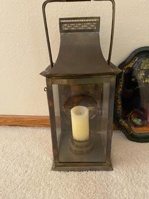 IAN LOGAN METAL TRAY PAINTED BY LUCY NEIL UK AND A LARGE CANDLE LANTERN