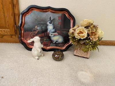 VINTAGE TOLE METAL TRAY, MOSAIC GLASS VOTIVE HOLDER, SILK FLOWERS AND A RABBIT FIGURE