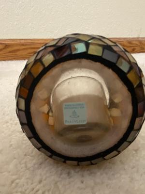 VINTAGE TOLE METAL TRAY, MOSAIC GLASS VOTIVE HOLDER, SILK FLOWERS AND A RABBIT FIGURE